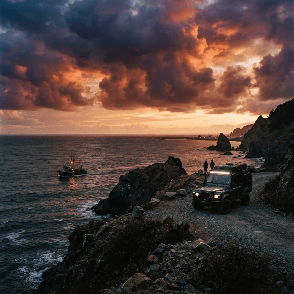 A boat on the water and a four-wheel-drive vehicle on a road at dusk