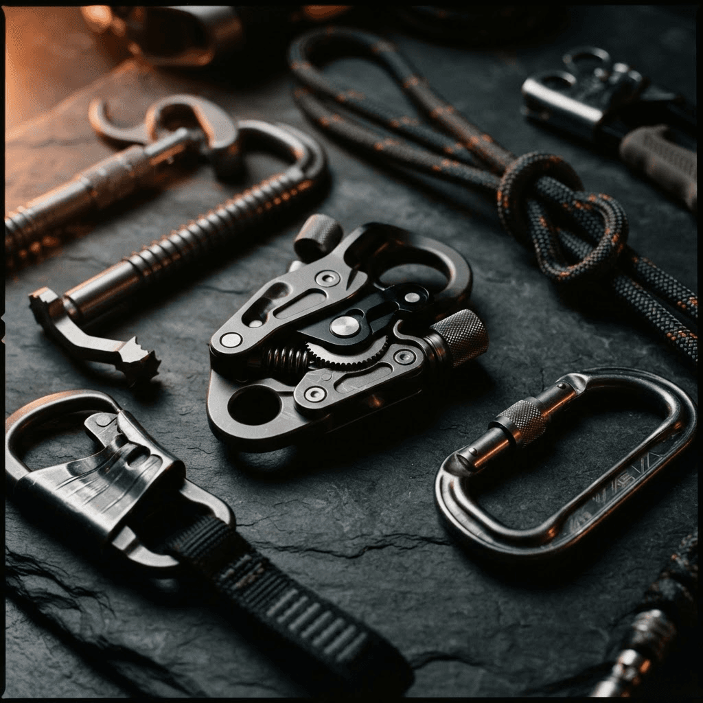 Performance equipment arranged on a dark surface