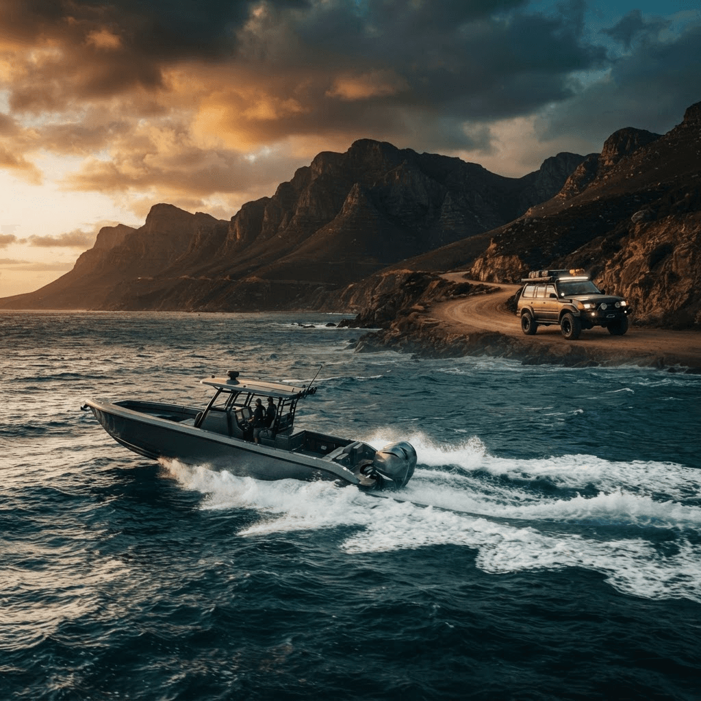 A performance boat on open water with a mountain overland route in the distance at dusk